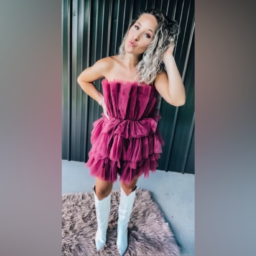 Strapless Burgundy Tulle Dress